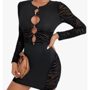 Print Cut Out Mesh Women Mini Dress Night Club Goth Party Bodycon Dresses XS-S